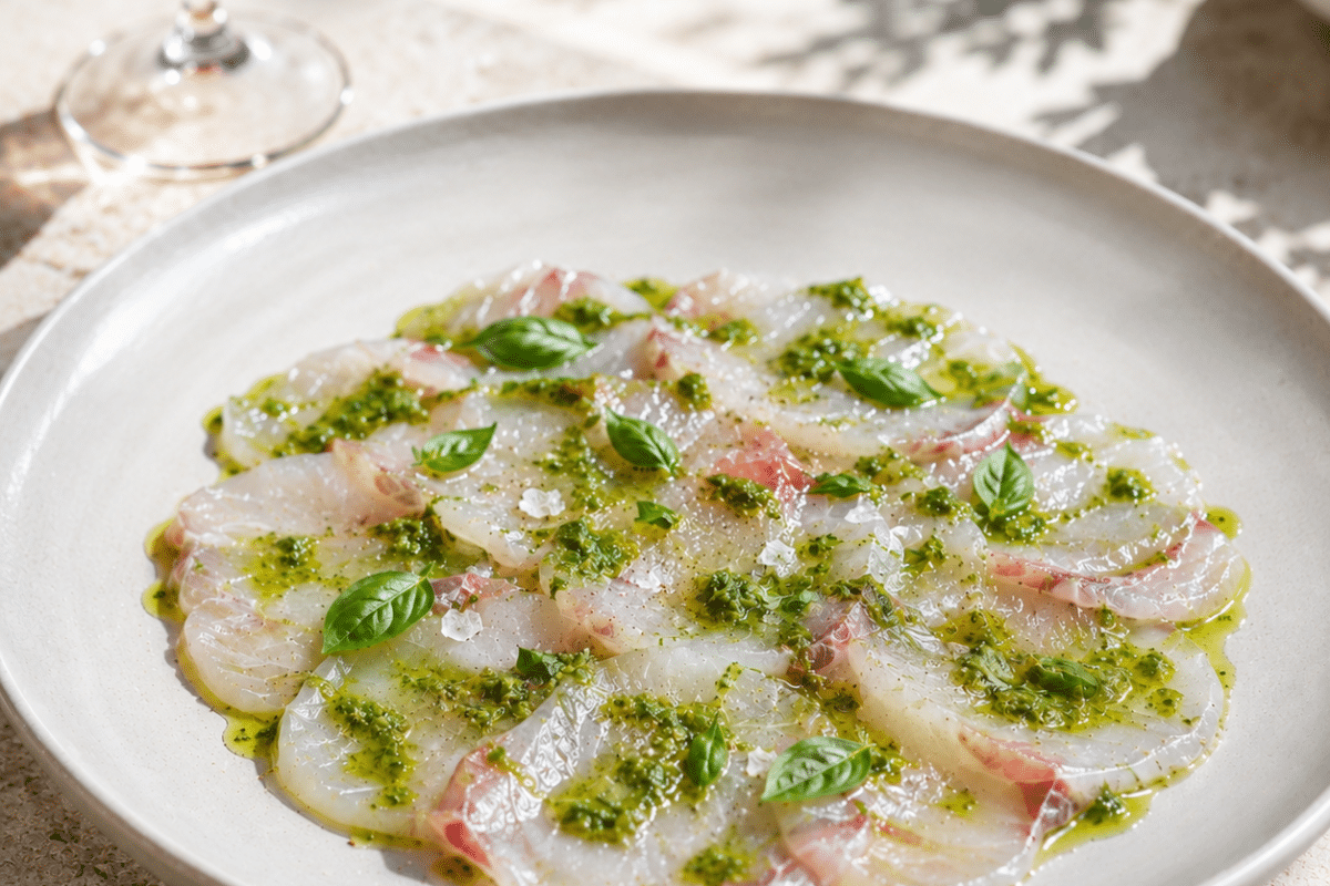 Carpaccio de loup, huile de basilic et fleur de sel
